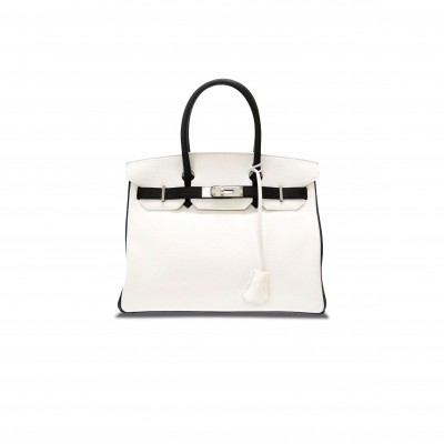 HERMES BIRKIN 30 TOGO LEATHER MILKSHAKE WHITE AND BLACK SILVER BUCKLE HANDBAG 982147 (30*23*15cm)